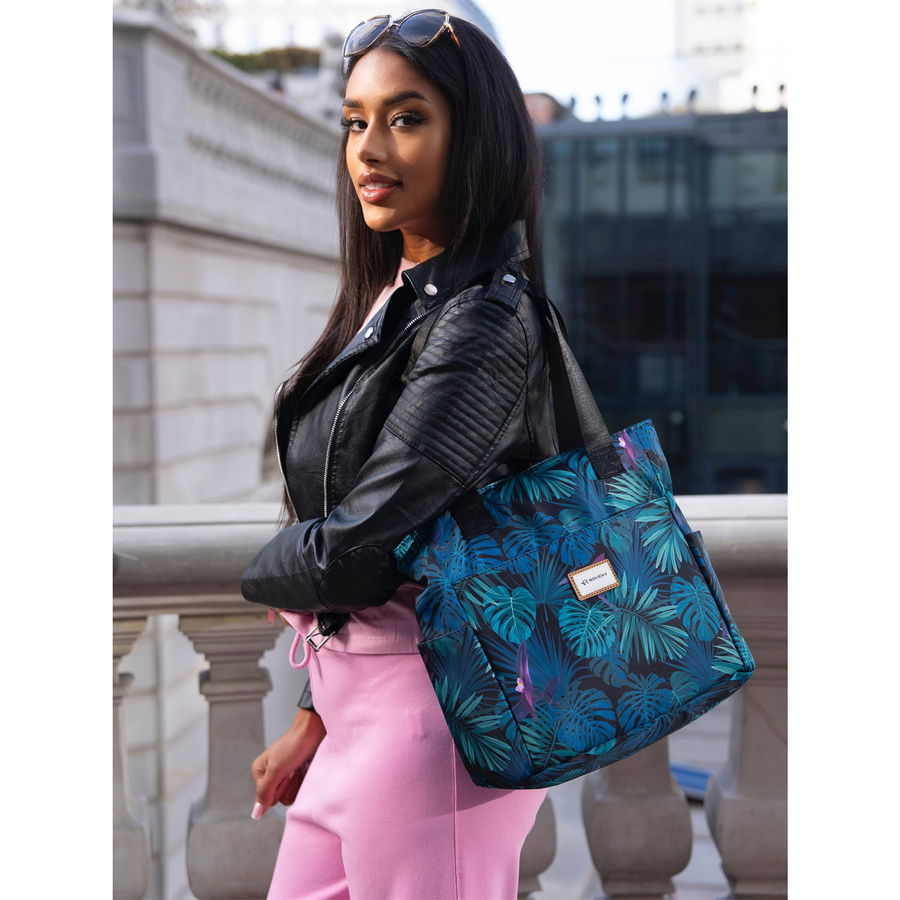 Pojemna torba na ramię shopper z tropikalnym wzorem liści - Rovicky