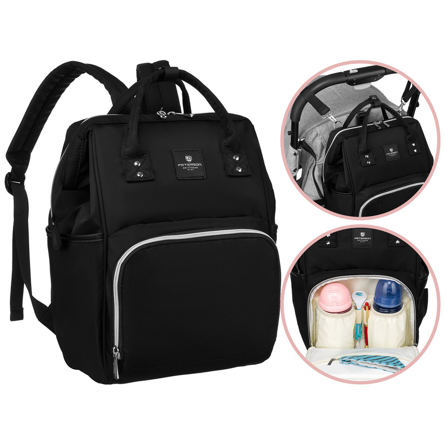Czarny plecak z poliestru z uchwytami do zaczepienia na wózku - Peterson