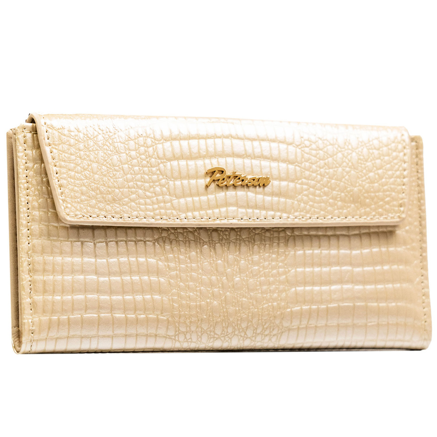 Poziomy portfel damski ze skóry ekologicznej w beżowym kolorze z tłoczeniem na wzór skóry krokodyla - Peterson