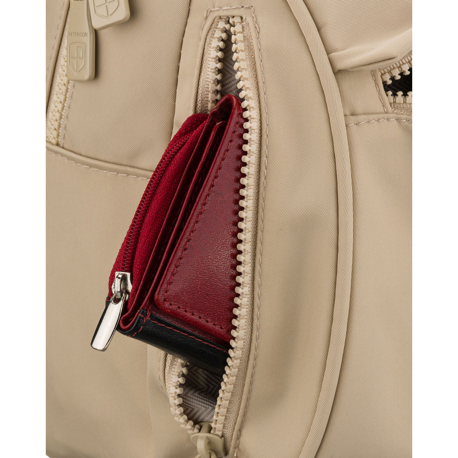 Mały plecak damski wykonany z poliestru w kolorze ecru, jednokomorowy - Peterson