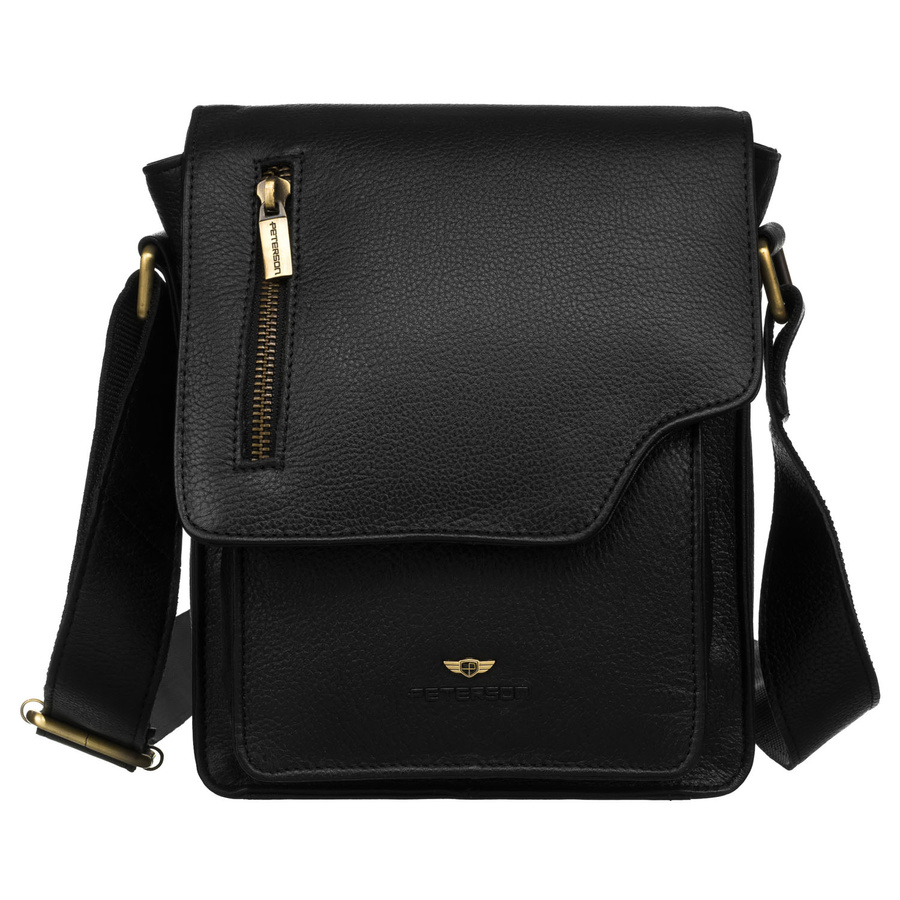 Skórzana, czarna listonoszka męska z klapką, zawieszona na regulowanym pasku - Peterson