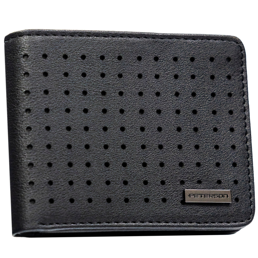 Portfel męski w czarnym kolorze z subtelnym, perforowanym zdobieniem - Peterson