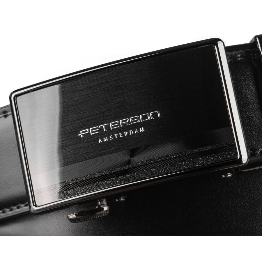 Elegancki, skórzany pasek męski w czarnym kolorze z automatyczną klamrą - Peterson