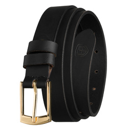 Skórzany pasek damski w czarnym kolorze ze złotą, klasyczną klamrą - Peterson