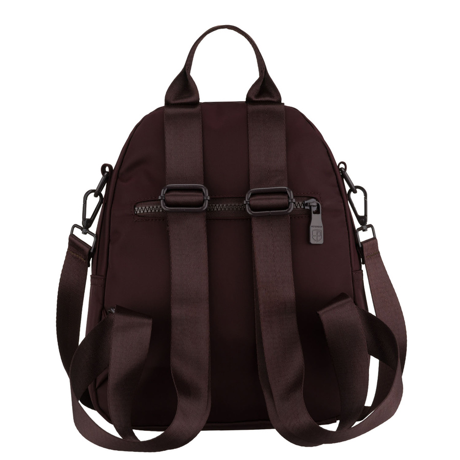 Mały, bordowy plecak damski wykonany z poliestru, wyposażony w dodatkowy pasek - Peterson