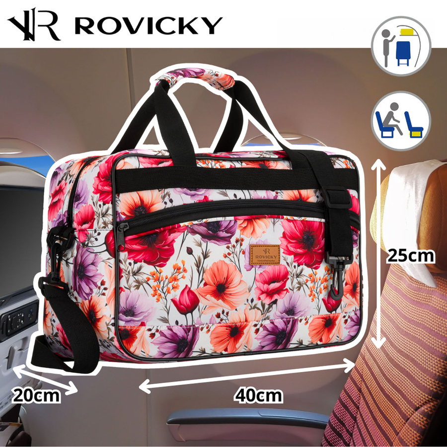 Wielokolorowa torba podróżna z wytrzymałego poliestru z portem USB, pokryta roślinnym wzorem - Rovicky