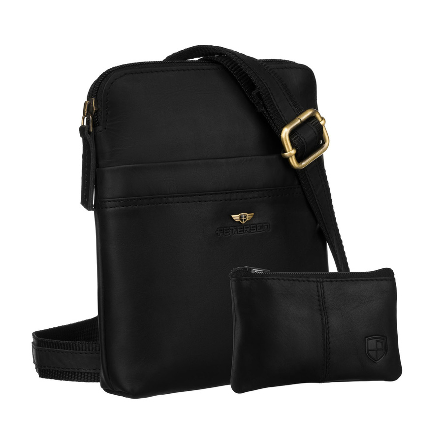 Czarna, praktyczna listonoszka męska ze skóry naturalnej z kieszeniami zewnętrznymi i etui w zestawie - Peterson