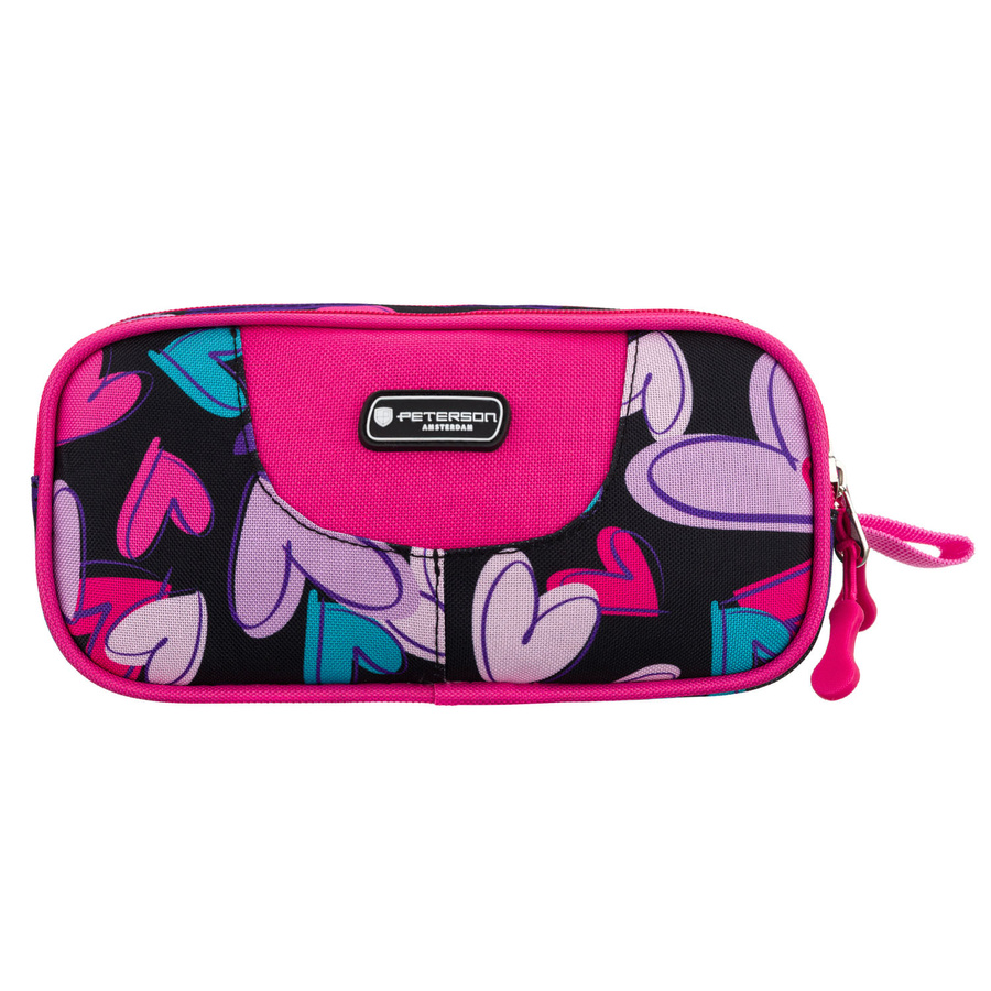 Wielokolorowy piórnik szkolny z poliestru w serduszka, zamykany suwakami - Peterson