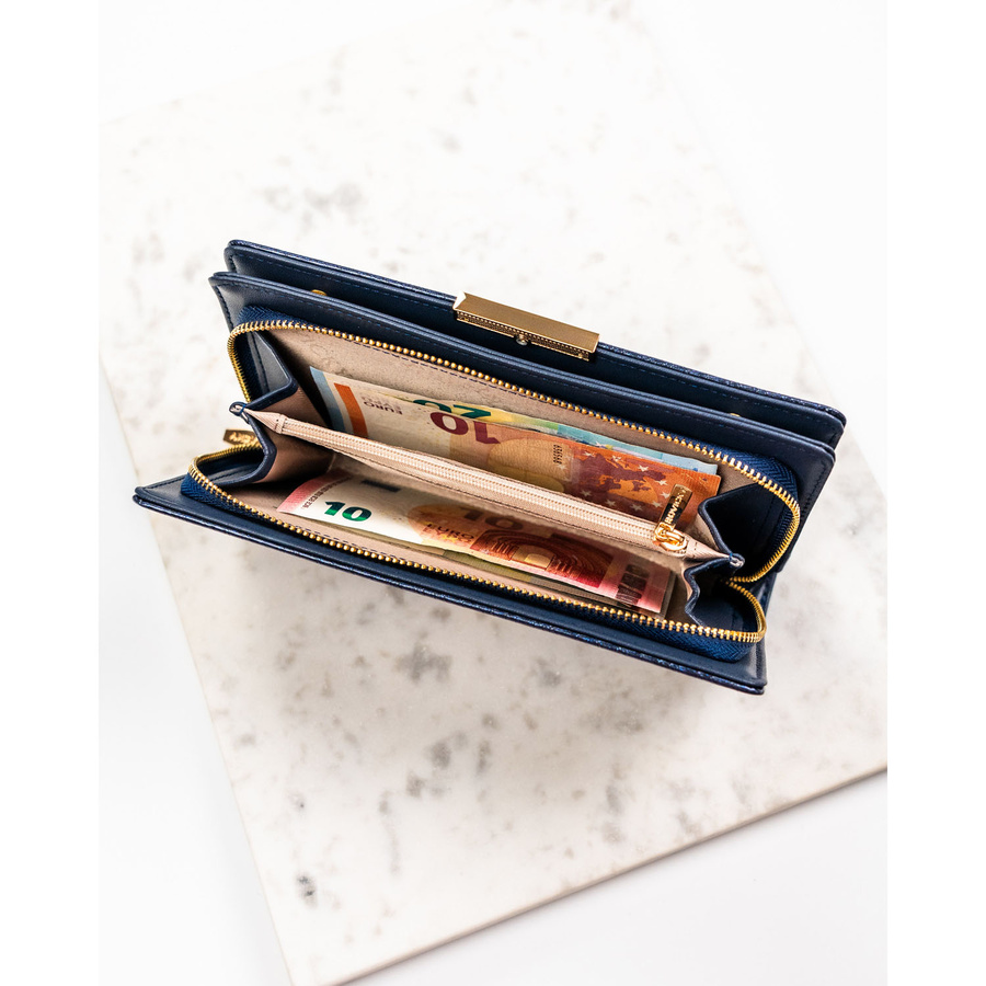 Granatowy portfel damski ze skóry ekologicznej wyposażony w system RFID - Rovicky