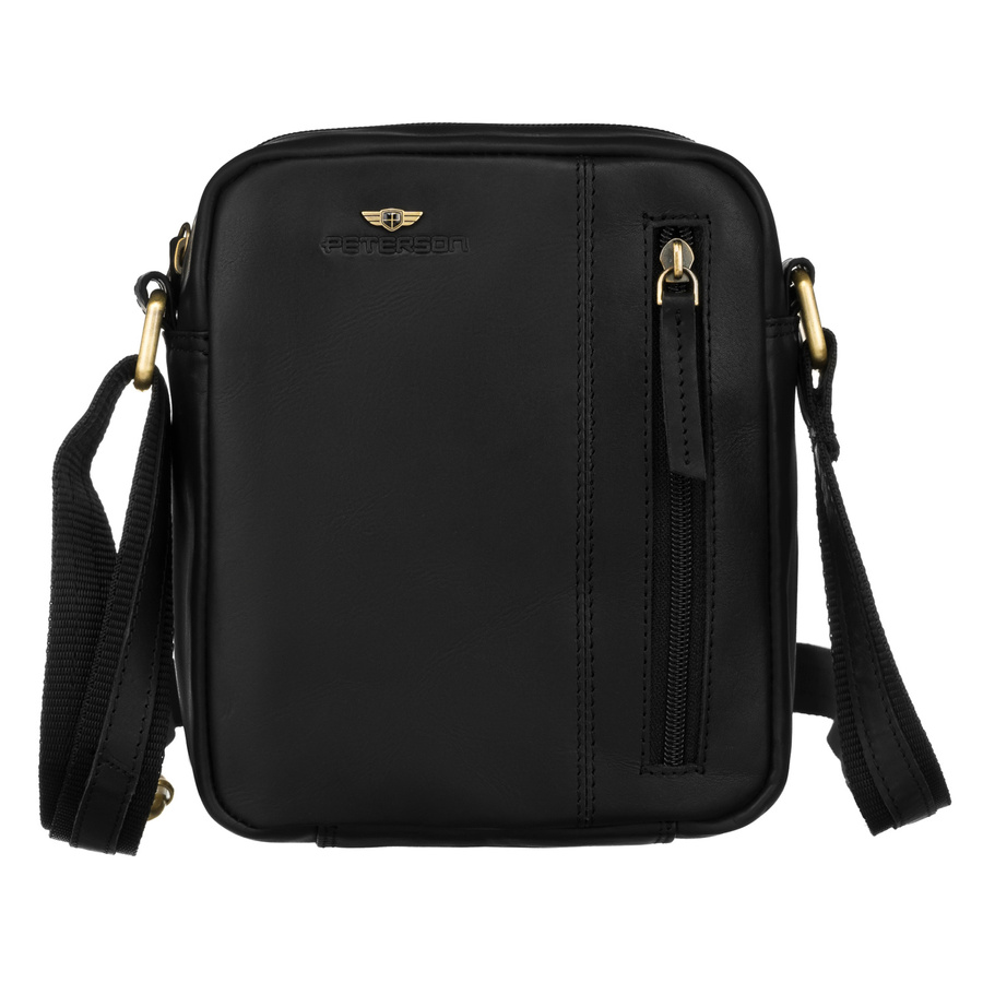 Stylowa skórzana listonoszka męska w czarnym kolorze zawieszona na regulowanym pasku - Peterson