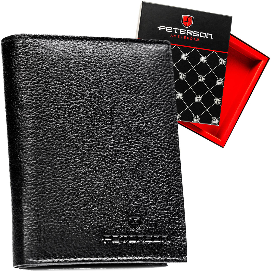 Czarny portfel męski ze skóry naturalnej bez zapięcia zewnętrznego, zapakowany w firmowe pudełko - Peterson