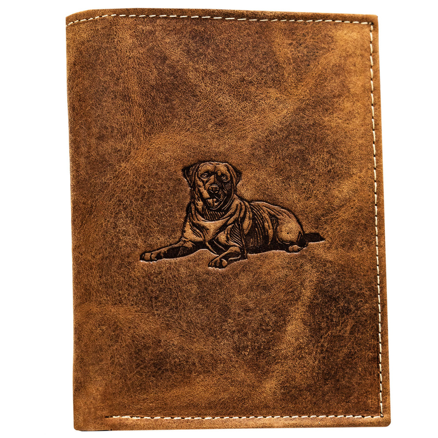 Skórzany portfel męski w kolorze brązowym bez zapięcia z tłoczeniem w kształcie psa