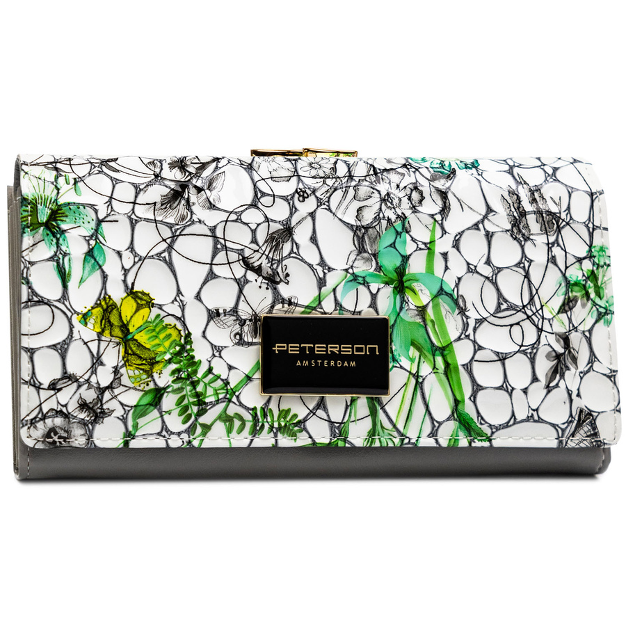 Wielokolorowy, poziomy portfel damski ze skóry naturalnej w kwiatowy wzór - Peterson