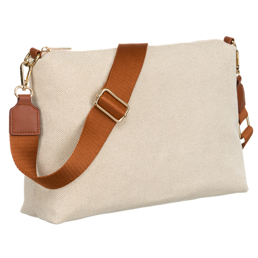 Duża torba damska wykonana ze skóry naturalnej i włókna poliamidowego w beżowo-brązowym kolorze - Peterson