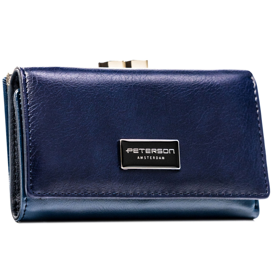 Portfel damski ze skóry naturalnej i ekologicznej w granatowym kolorze zamykany na zatrzask i bigiel - Peterson