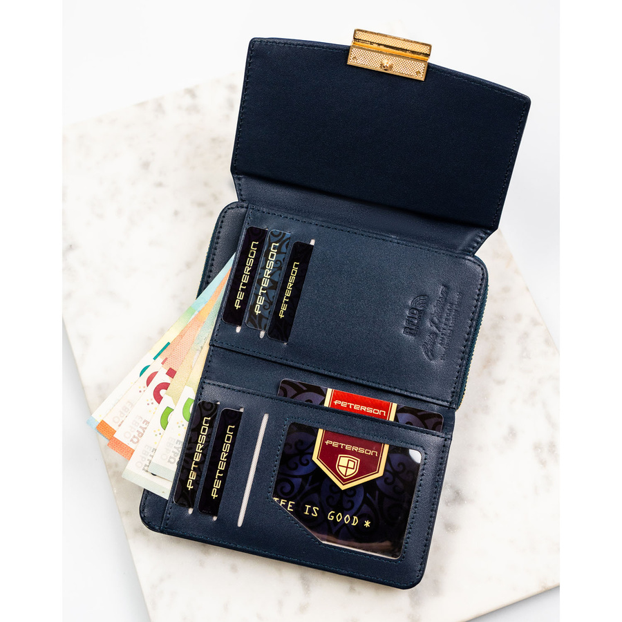 Granatowy, poziomy portfel damski wykonany ze skóry ekologicznej i zamykany na zatrzask - Peterson
