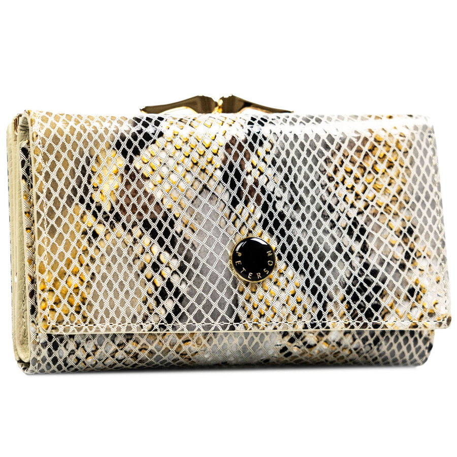 Portfel damski na bigiel i zatrzask wykonany ze skóry naturalnej ze wzorem imitującym skórę węża - Peterson