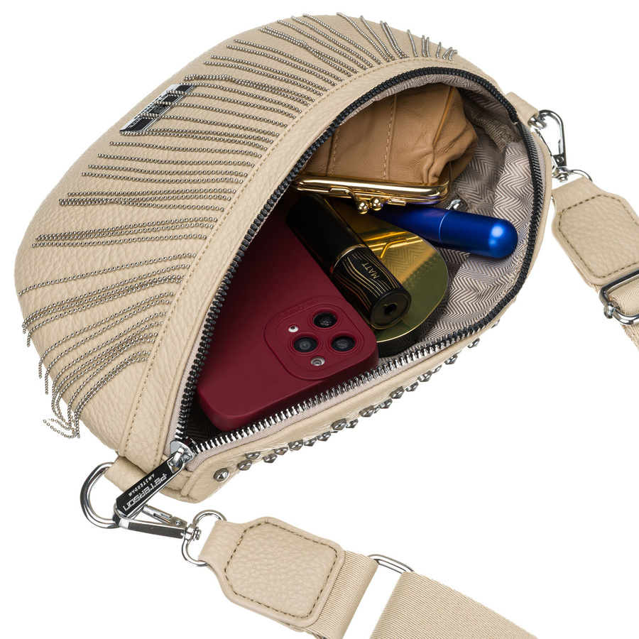 Beżowa saszetka damska wykonana ze skóry ekologicznej, ozdobiona ćwiekami - Peterson