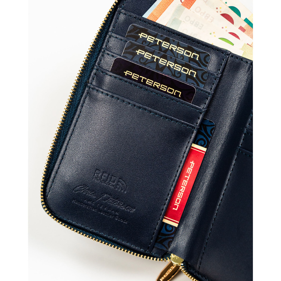 Granatowy portfel damski w typie piórnika ze skóry ekologicznej zamykany suwakiem - Peterson