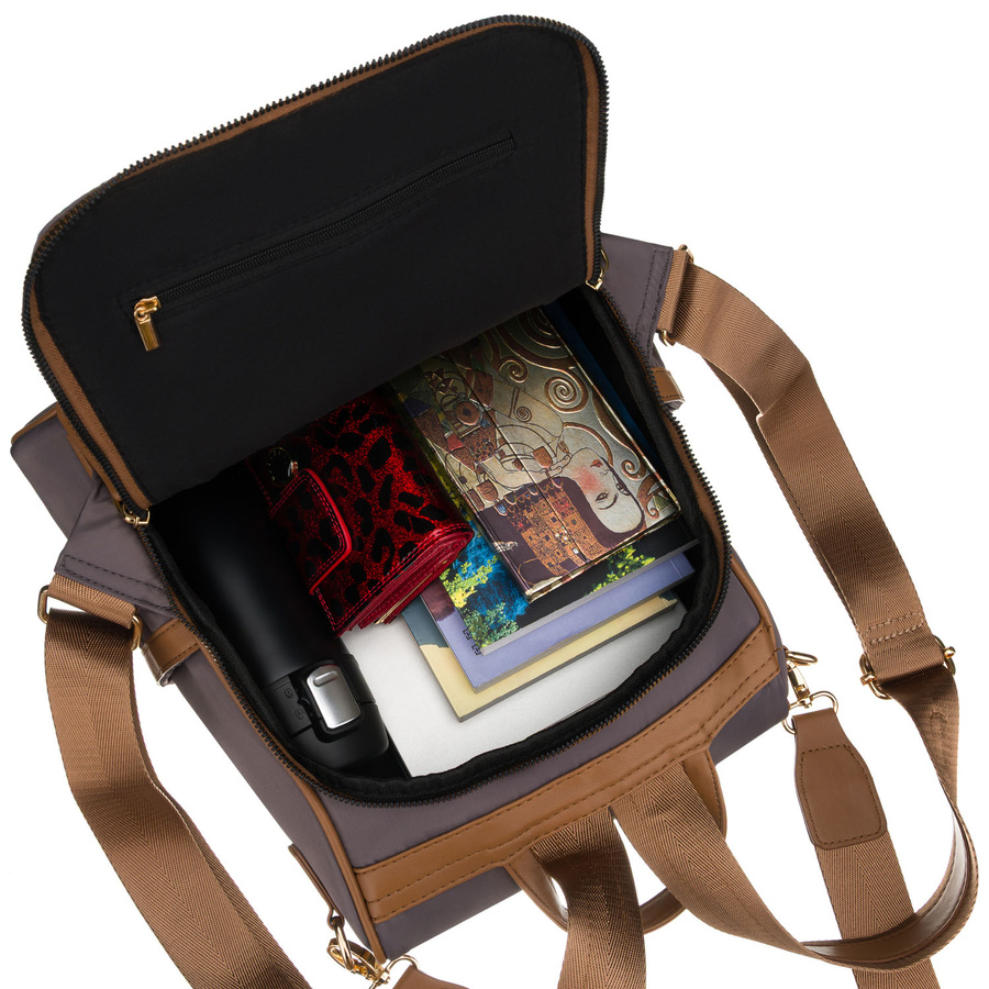 Szary plecak damski z nylonu i skóry ekologicznej z doczepianym paskiem, jednokomorowy - Peterson