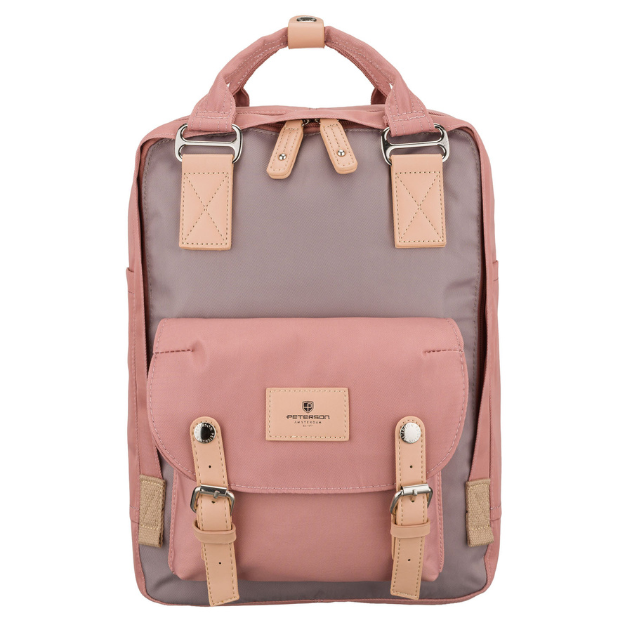 Różowo-szary plecak damski z poliestru i skóry ekologicznej, jednokomorowy - Peterson