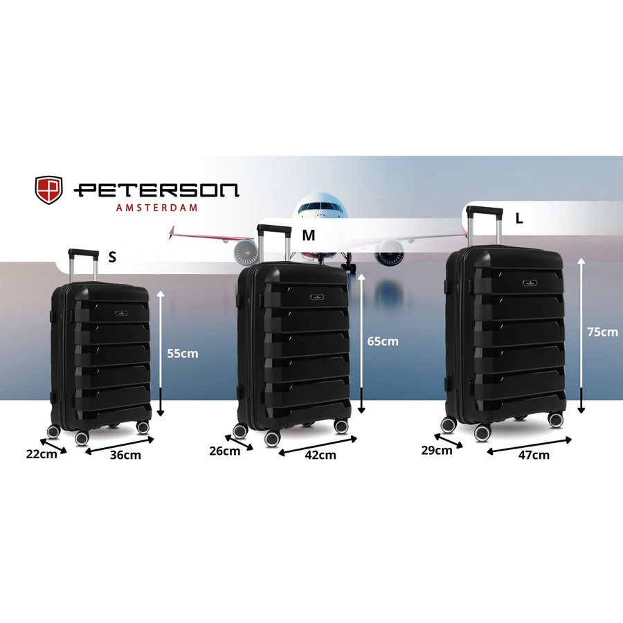 Zestaw walizek w czarnym kolorze wykonanych z polipropylenu z zamkami szyfrowanymi - Peterson