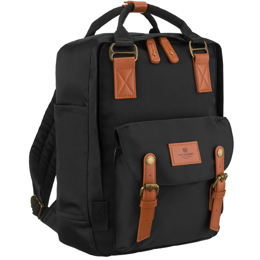 Czarno-brązowy, duży plecak damski wykonany z poliestru i skóry ekologicznej - Peterson
