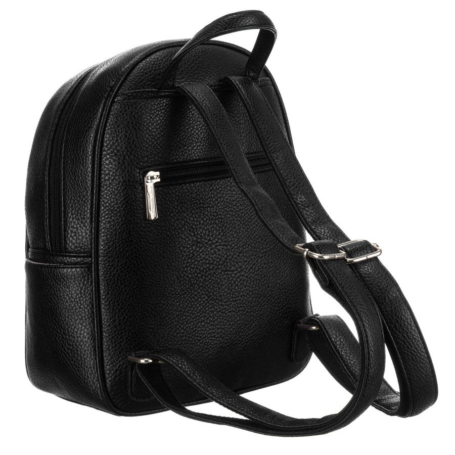 Elegancki czarny mały plecak damski zdobiony pikowaniem i srebrnymi nitami eko skóra Peterson