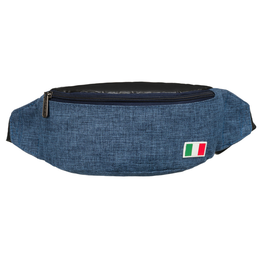 Niebieska saszetka zawieszona na regulowanym pasku, zapinana suwakiem