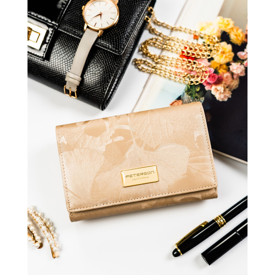 Duży portfel damski ze skóry naturalnej i ekologicznej w beżowym kolorze z zewnętrzną kieszenią - Peterson