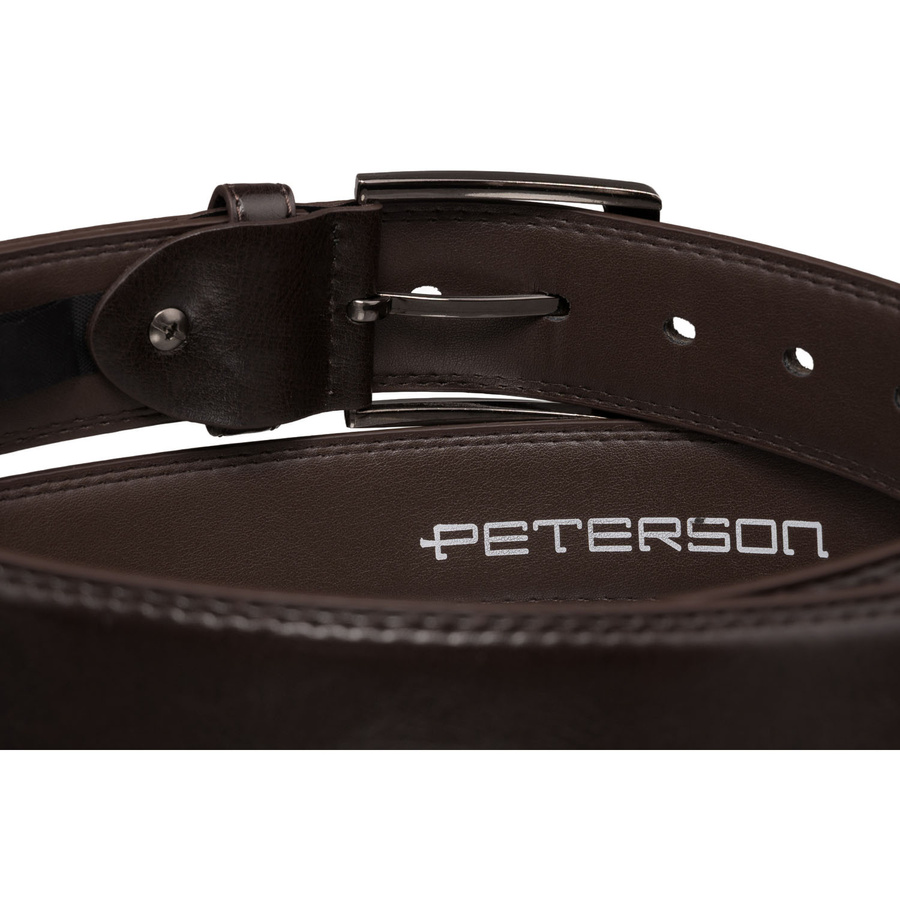 Brązowy, męski pasek ze skóry ekologicznej z tradycyjną klamrą - Peterson