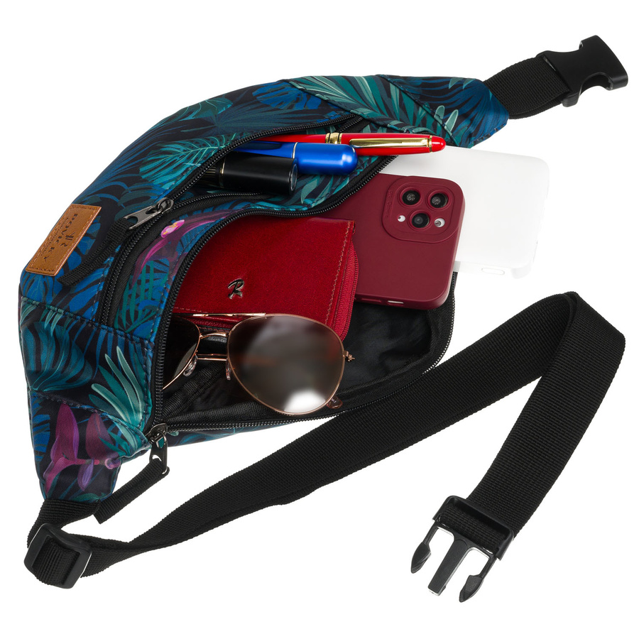 Saszetka damska z poliestru w modny, roślinny wzór, zawieszona na regulowanym pasku - Rovicky