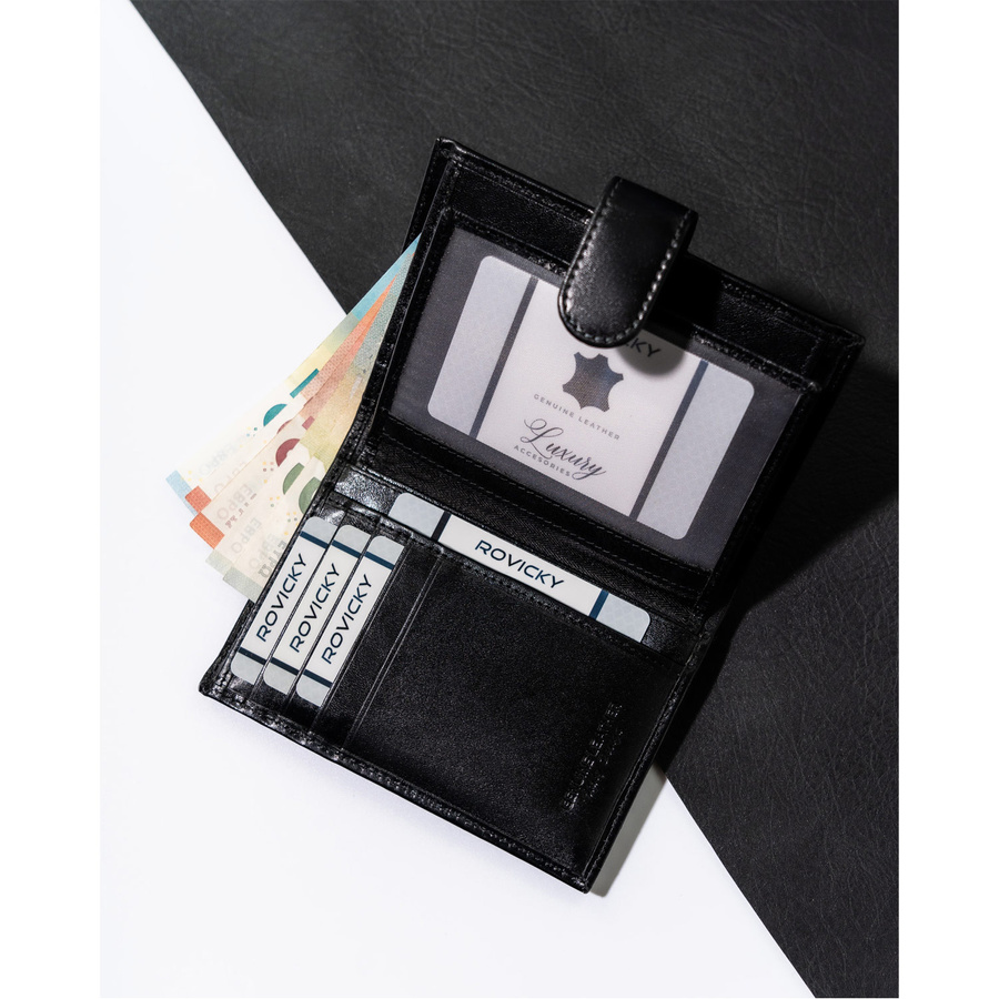Skórzany, czarny portfel męski z zapięciem i systemem RFID - Rovicky