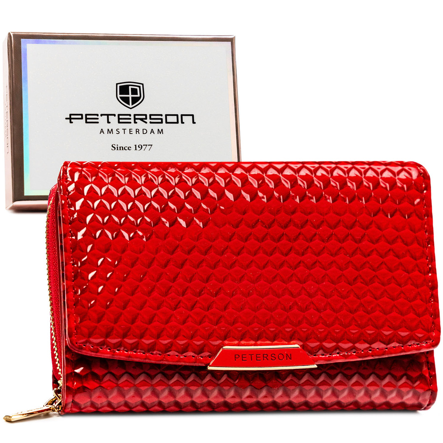 Czerwony, poziomy portfel damski ze skóry ekologicznej zamykany suwakiem i zatrzaskiem - Peterson