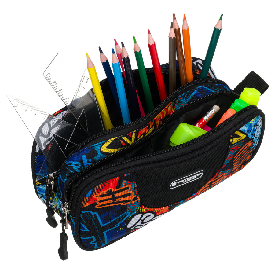 Pojemny piórnik szkolny z poliestru ze wzorem imitującym graffiti, zapinany suwakami - Peterson
