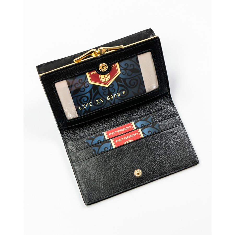 Poziomy, modny portfel damski ze skóry naturalnej i ekologicznej w czarnym kolorze - Peterson