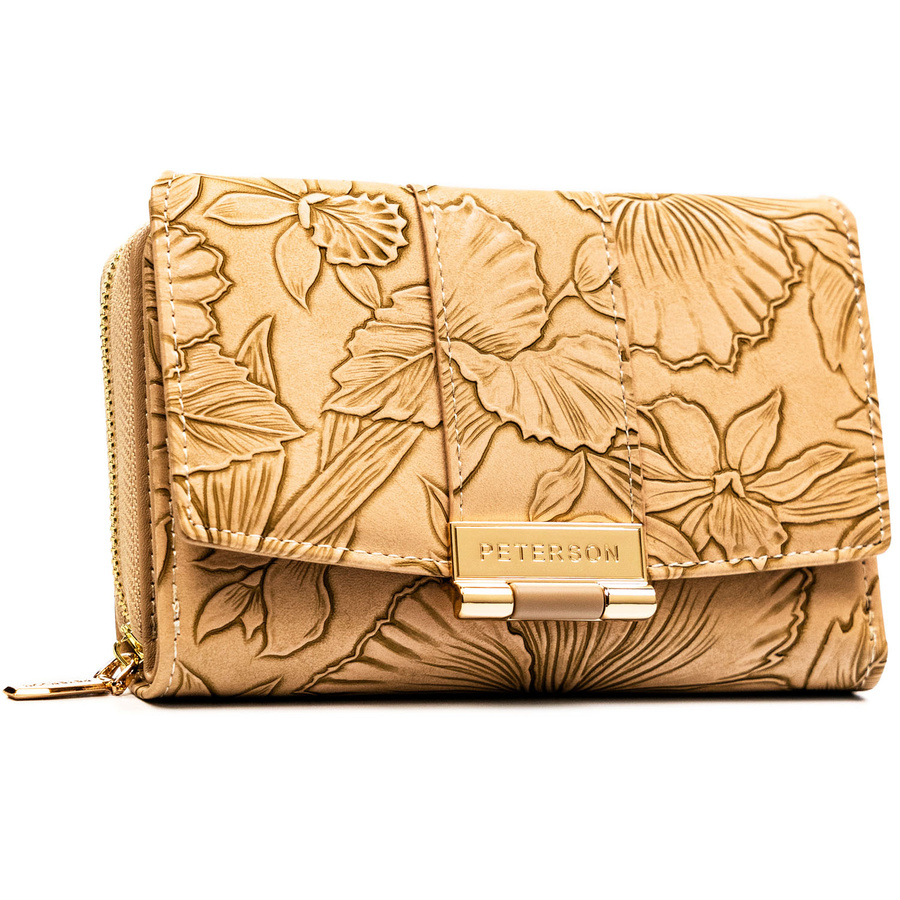 Elegancki portfel damski ze skóry ekologicznej w beżowym kolorze ze wzorem w kwiaty - Peterson