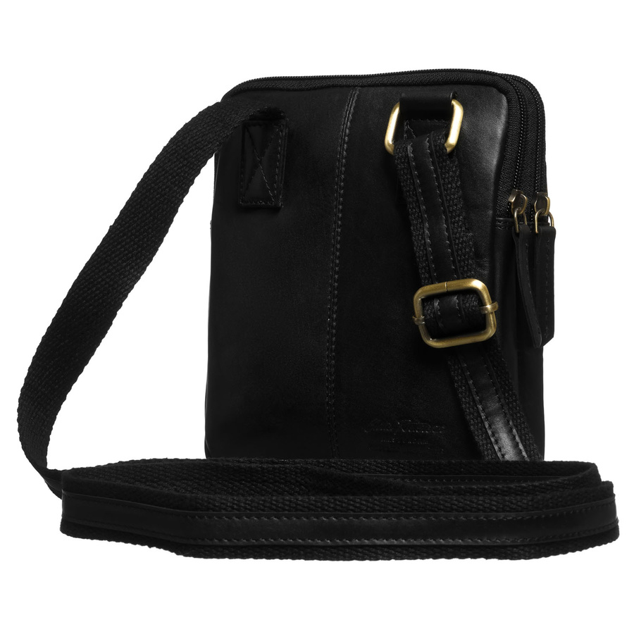 Dwukomorowa, czarna listonoszka męska ze skóry naturalnej zawieszona na regulowanym pasku - Peterson