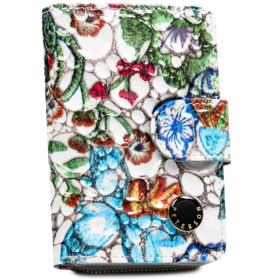 Wielokolorowy, pionowy portfel damski ze skóry naturalnej zamykany zatrzaskiem i suwakiem - Peterson