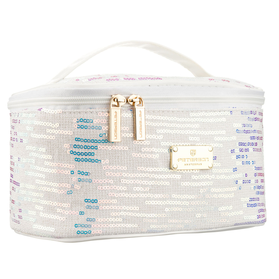 Biała kosmetyczka z tkaniny syntetycznej ozdobiona cekinami, wyposażona w wygodny uchwyt - Peterson