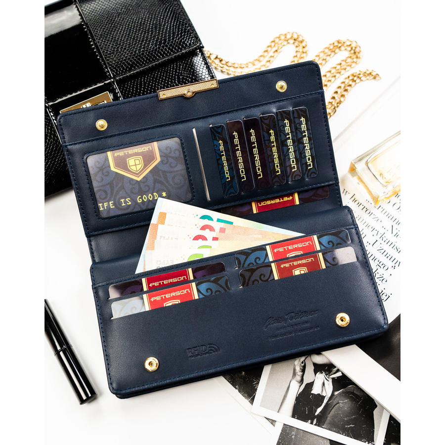 Portfel damski ze skóry ekologicznej w granatowym kolorze z systemem RFID - Peterson