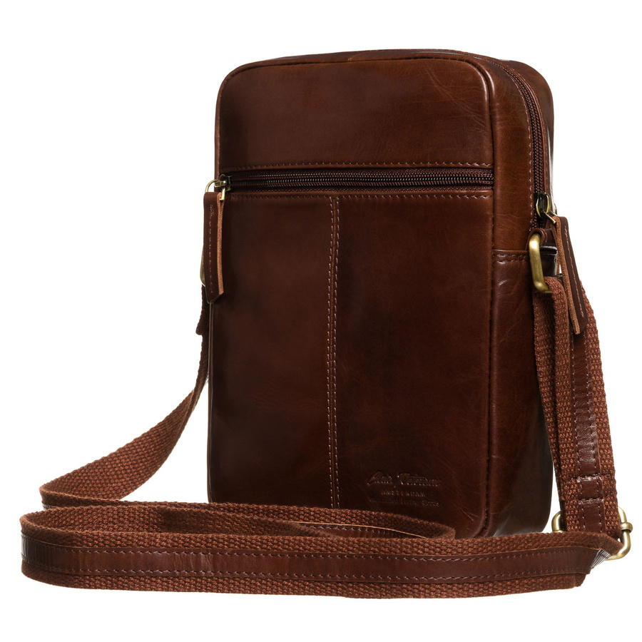 Skórzana listonoszka męska w brązowym kolorze, zamykana na złoty suwak w zestawie z saszetką - Peterson