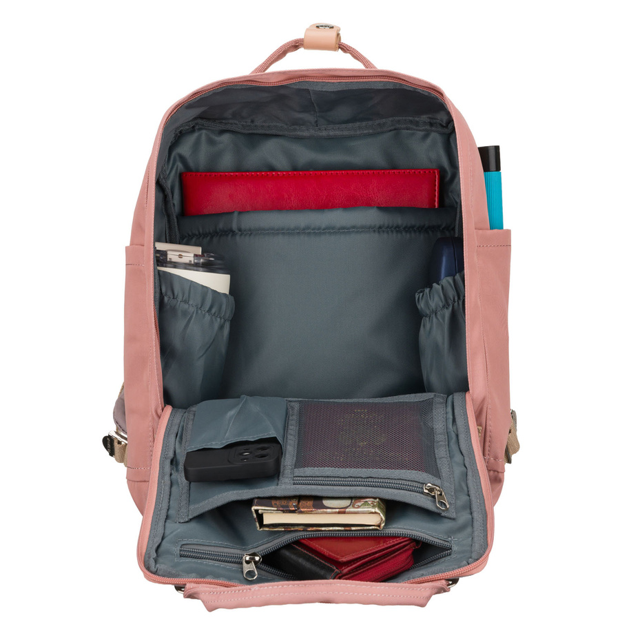 Różowo-szary plecak damski z poliestru i skóry ekologicznej, jednokomorowy - Peterson