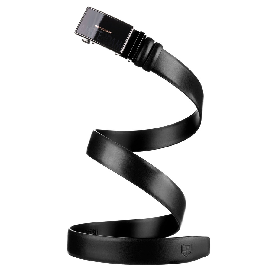 Czarny, elegancki pasek męski ze skóry naturalnej z automatyczną klamrą - Peterson