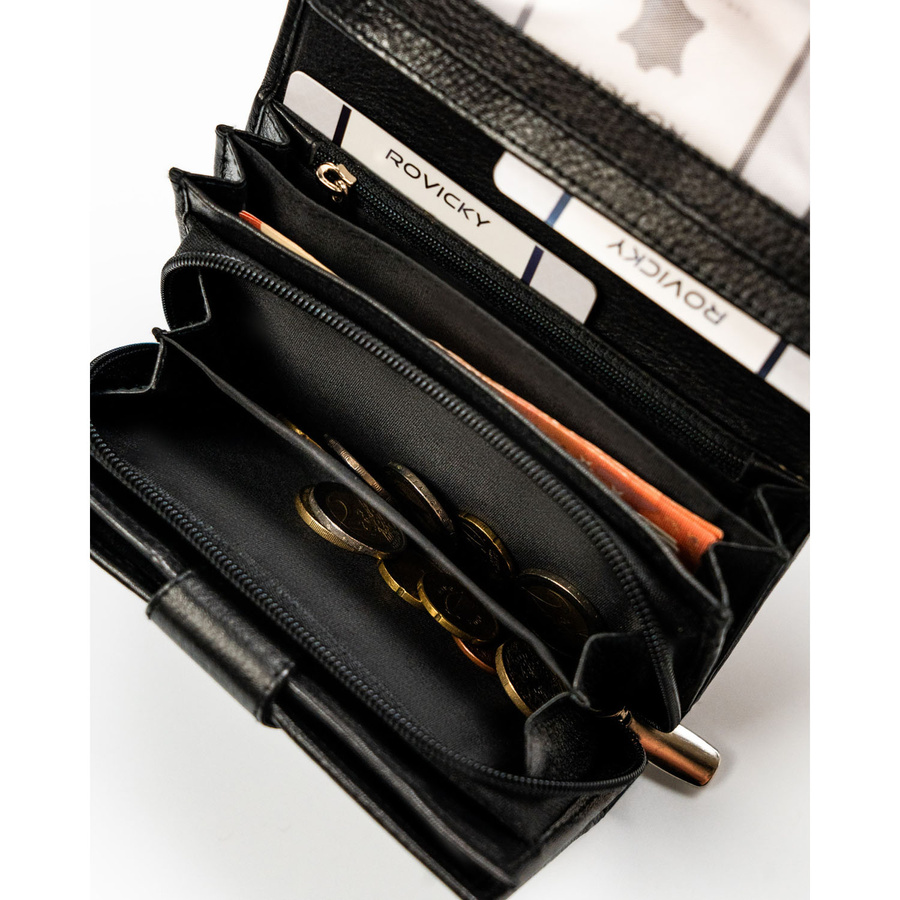Skórzany, pojemny portfel damski w czarnym kolorze wyposażony w system RFID - Rovicky