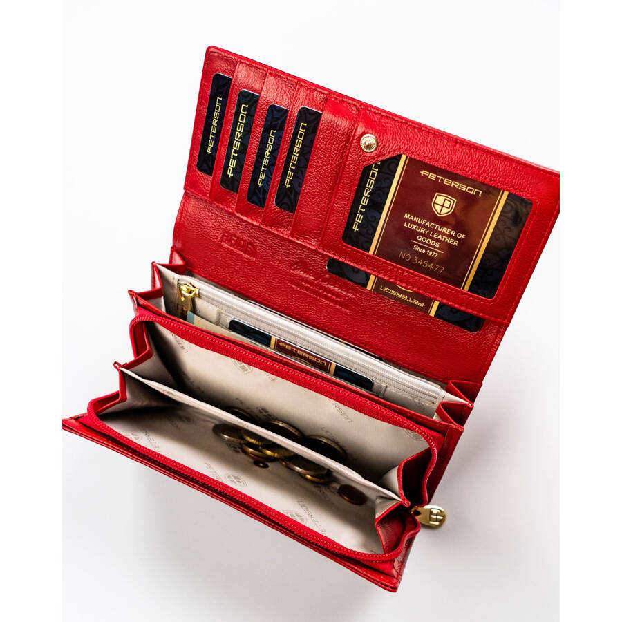 Skórzany, czerwony portfel damski na zatrzask z systemem RFID - Peterson