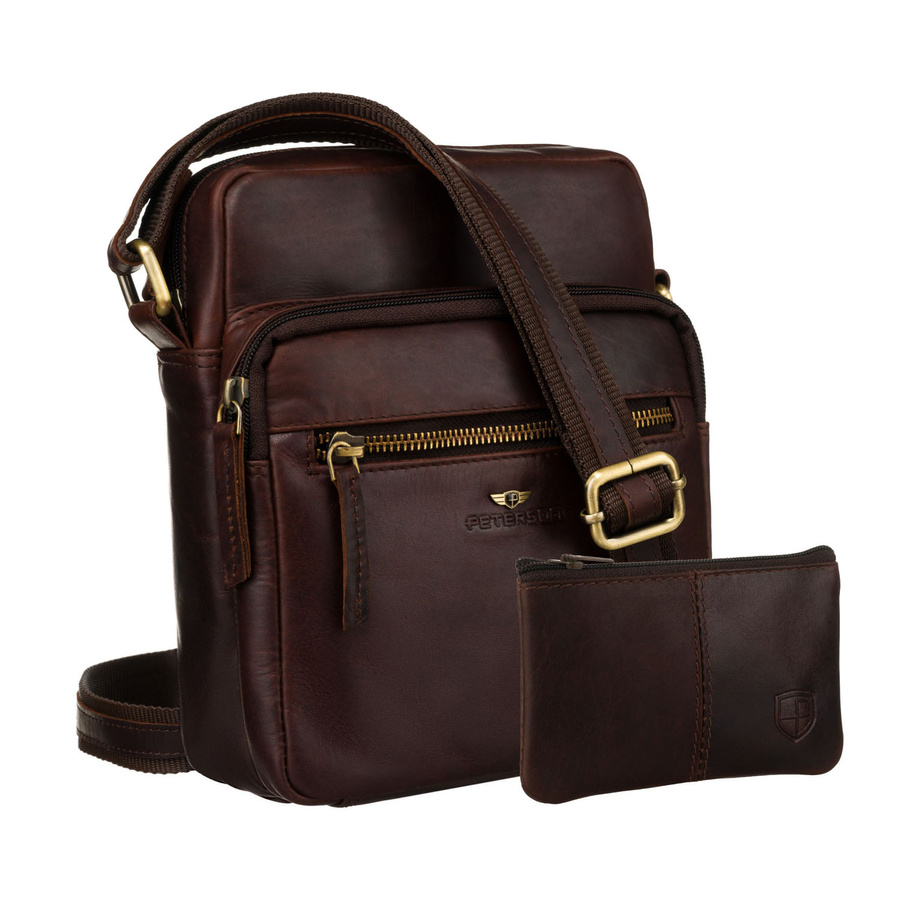 Skórzana, brązowa torebka męska zawieszona na pasku. W zestawie saszetka na klucze - Peterson