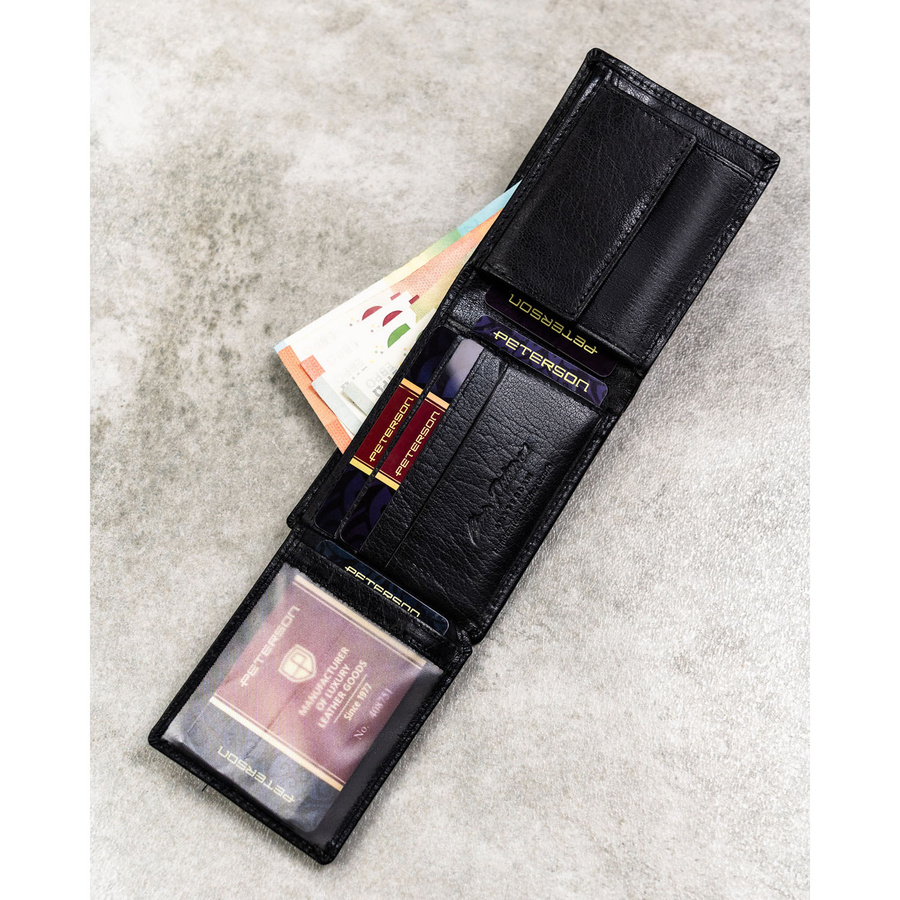 Czarny portfel męski ze skóry naturalnej wyposażony w system RFID - Peterson