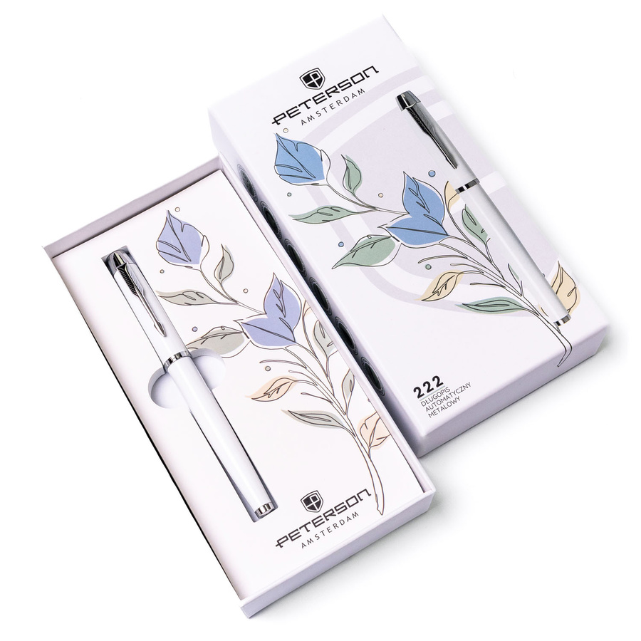 Biało-srebrny długopis metalowy z czarnym wkładem - Peterson