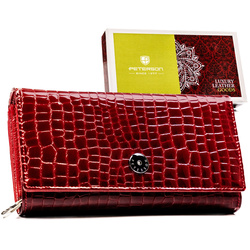 Klasyczny, duży portfel damski ze skóry naturalnej w czerwonym kolorze - Peterson